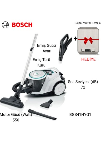 BGS41HYG1 Serie 6 Pro Hygienic Toz Torbasız Süpürge+Dijital Muftak Tartısı Hediye