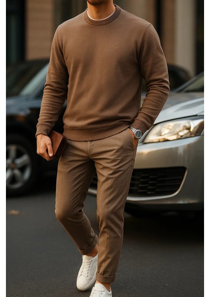 Erkek Uzun Kollu Kışlık Comfort Kahve Bol Sweatshirt