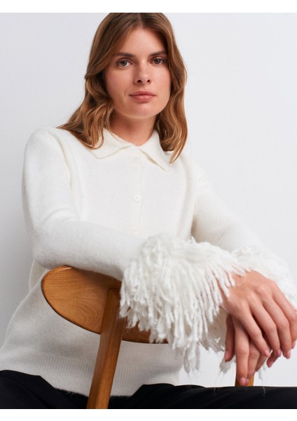 60992 Kolu Püsküllü Triko Hırka-Ekru