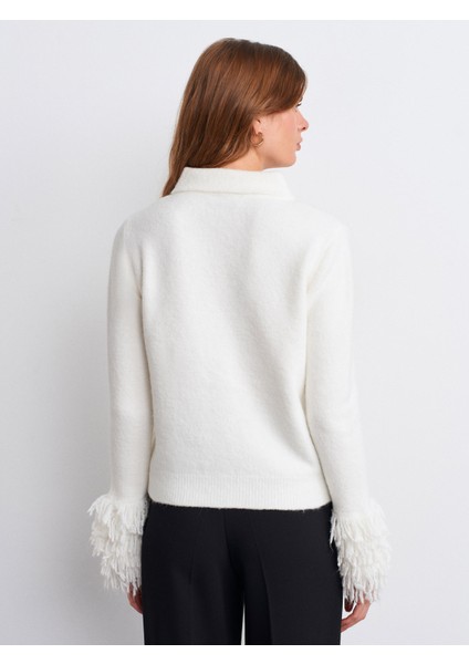 60992 Kolu Püsküllü Triko Hırka-Ekru fiyatları