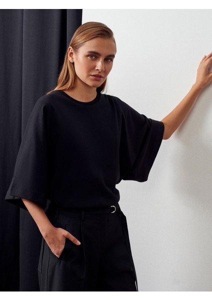 32210 %100 Pamuk Yarasa Kol T-Shirt-Siyah