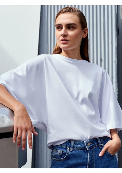 32210 %100 Pamuk Yarasa Kol T-Shirt-Beyaz