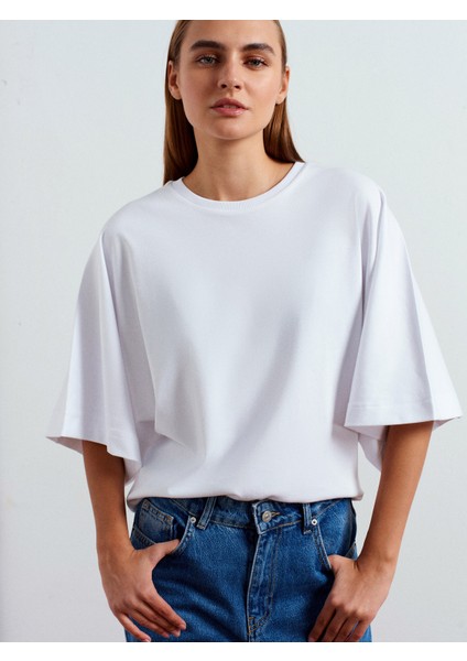 32210 %100 Pamuk Yarasa Kol T-Shirt-Beyaz modelleri