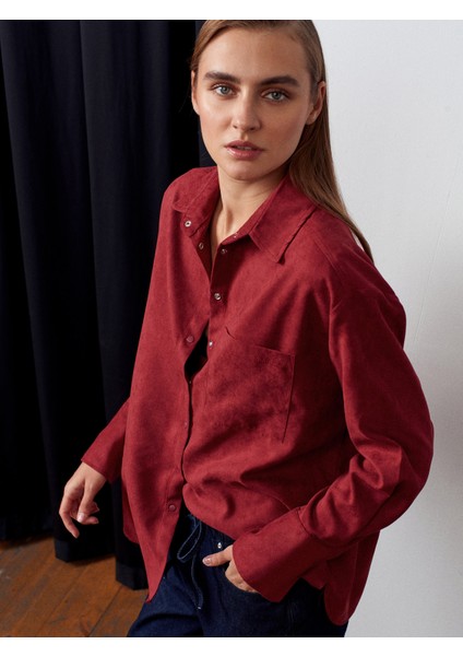 50524 Oversize Süet Gömlek-Bordo