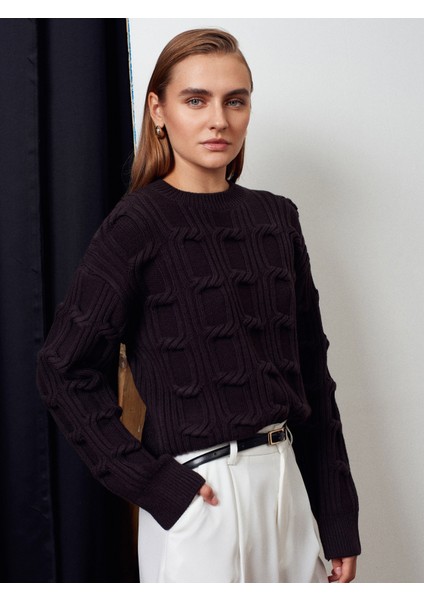 10825 Kabartma Detaylı Triko Kazak-Koyu Kahve modelleri