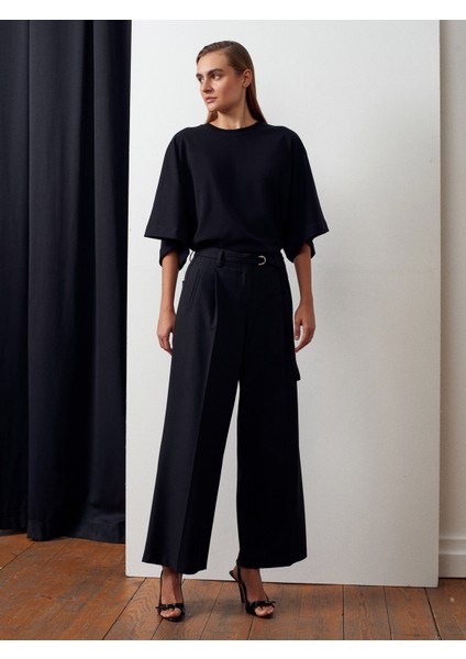 72180 Kemerli Bol Kesim Pantolon-Siyah