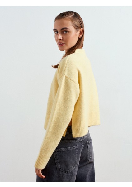60280 Yanları Yırtmaçlı Yün Karışımlı Triko Hırka-Açık Sarı fiyatları