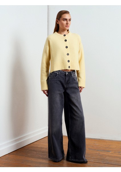 60280 Yanları Yırtmaçlı Yün Karışımlı Triko Hırka-Açık Sarı indirimleri