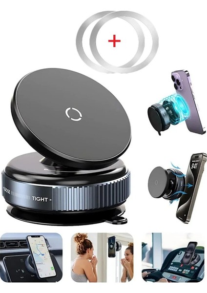 K009 360 Derece Dönebilen Vakumlu Magnetik Telefon Tutucu Ayna-Cam-Araba Siyah+ 2ADET Metal Halka