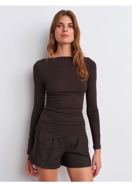 32198 Kayık Yaka Büzgülü Top-Koyu Kahve modelleri