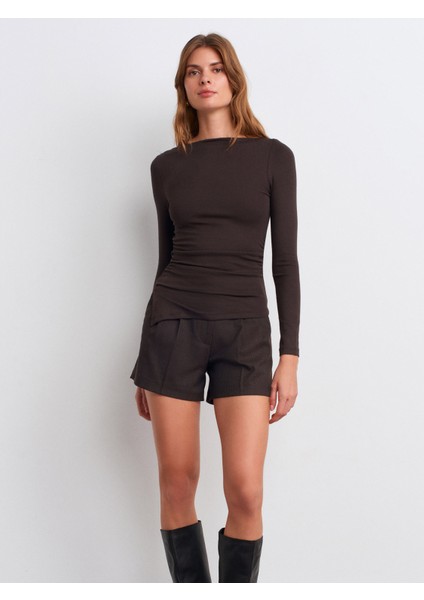 32198 Kayık Yaka Büzgülü Top-Koyu Kahve indirimleri