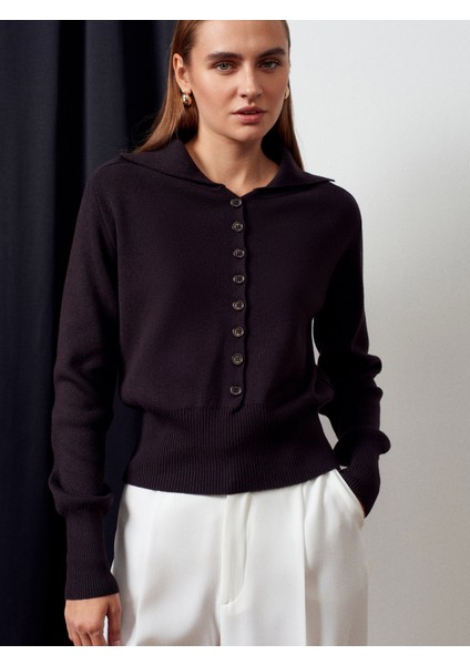 10816 Polo Yaka Yünlü Düğmeli Triko Kazak-Koyu Kahve