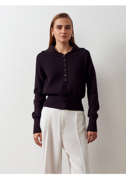 10816 Polo Yaka Yünlü Düğmeli Triko Kazak-Koyu Kahve modelleri