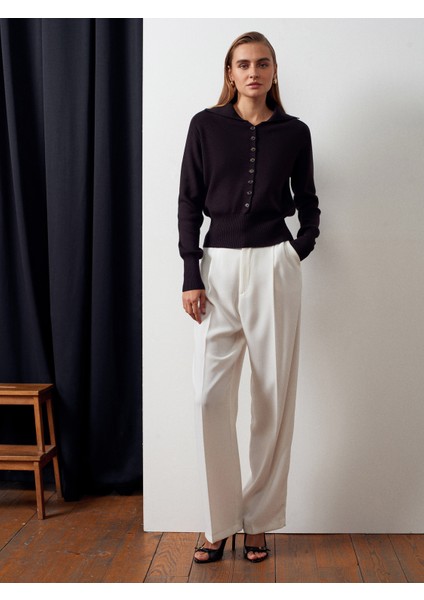 10816 Polo Yaka Yünlü Düğmeli Triko Kazak-Koyu Kahve indirimleri