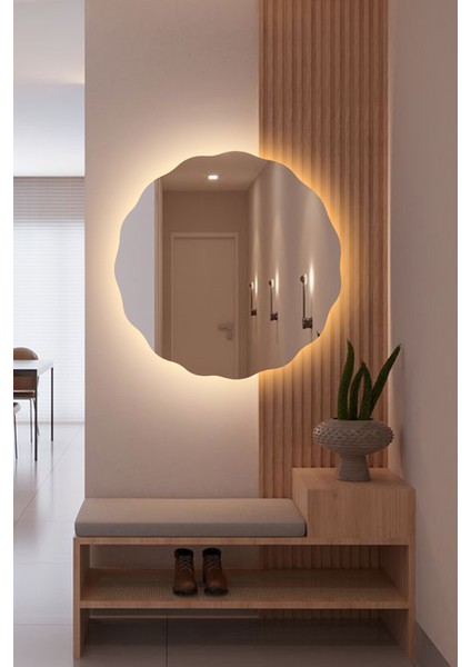 Şık Asimetrik Papatya Desenli LED Banyo Lavabo Duvar Aynası