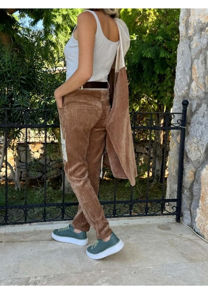 LS12520 Italyan Cebi Taşlı Kadife Pantolon Camel indirimleri