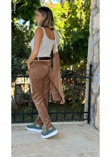 LS12520 Italyan Cebi Taşlı Kadife Pantolon Camel