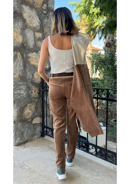 LS12520 Italyan Cebi Taşlı Kadife Pantolon Camel