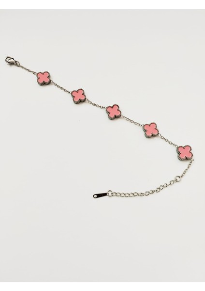 Çelik Pembe Yonca Bileklik Gümüş Renk