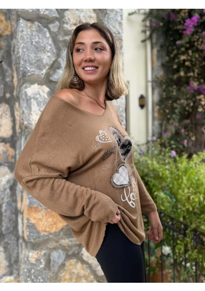 LS6211 Italyan Kalp Desenli Triko Bluz Camel