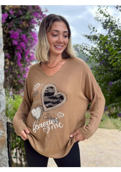LS6211 Italyan Kalp Desenli Triko Bluz Camel modelleri