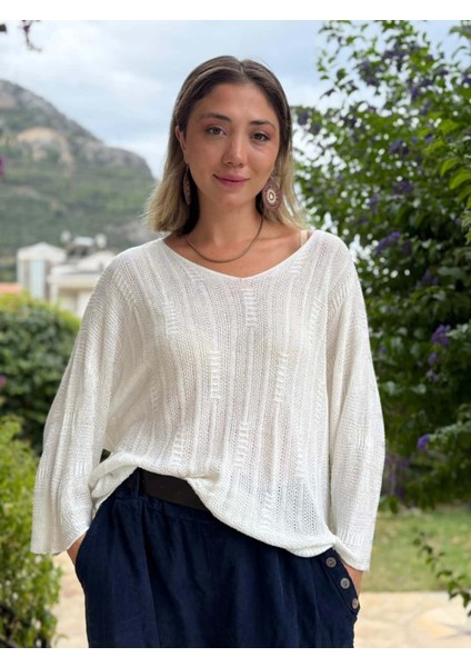 LS8713 Italyan Çizgi Desenli Triko Bluz Beyaz