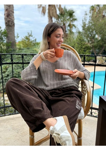 LS8713 Italyan Çizgi Desenli Triko Bluz Vizon