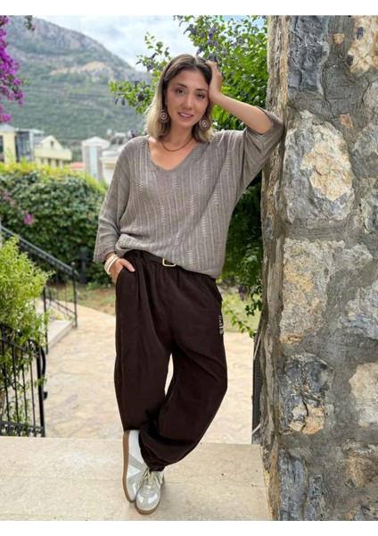 LS8713 Italyan Çizgi Desenli Triko Bluz Vizon fiyatları