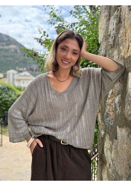 LS8713 Italyan Çizgi Desenli Triko Bluz Vizon modelleri