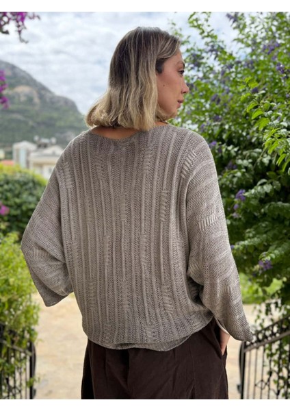 LS8713 Italyan Çizgi Desenli Triko Bluz Vizon indirimleri