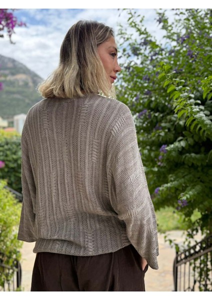 LS8713 Italyan Çizgi Desenli Triko Bluz Vizon