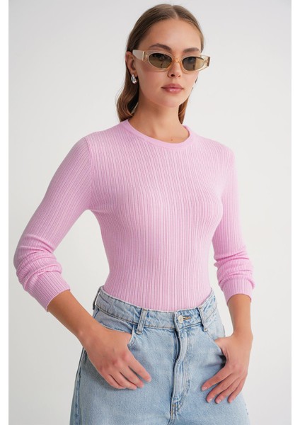 6938 Kadın Bisiklet Yaka Fitilli Triko Body Pembe