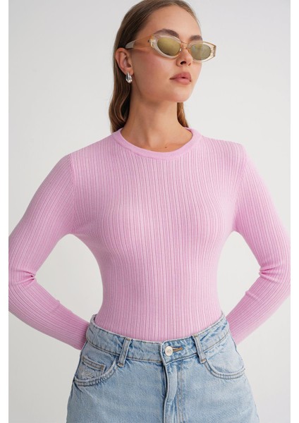 6938 Kadın Bisiklet Yaka Fitilli Triko Body Pembe fiyatları