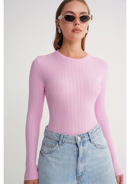 6938 Kadın Bisiklet Yaka Fitilli Triko Body Pembe modelleri