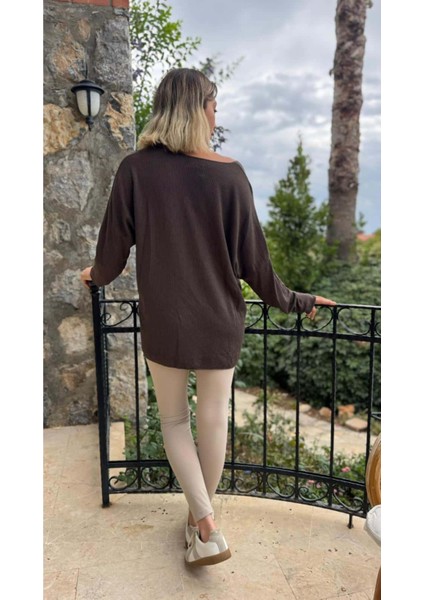 LS6211 Italyan Kalp Desenli Triko Bluz Kahverengi modelleri