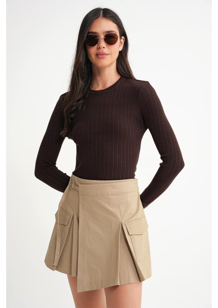6938 Kadın Bisiklet Yaka Fitilli Triko Body Kahve