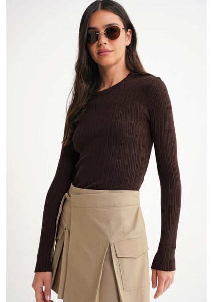 6938 Kadın Bisiklet Yaka Fitilli Triko Body Kahve modelleri