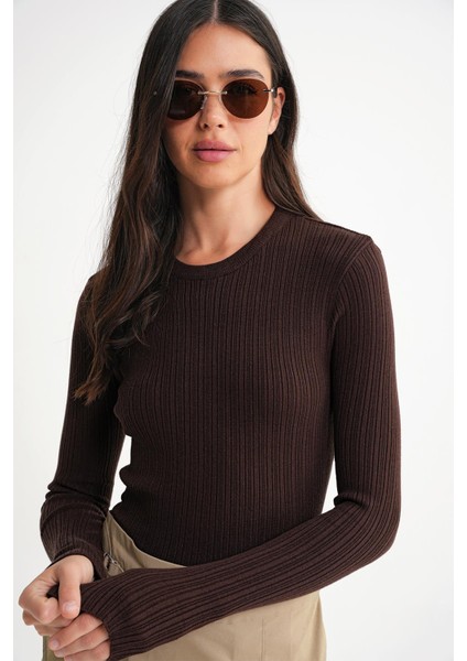 6938 Kadın Bisiklet Yaka Fitilli Triko Body Kahve fırsatları