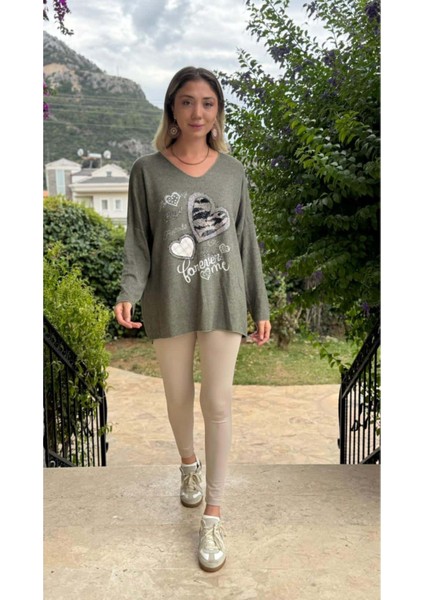 LS6211 Italyan Kalp Desenli Triko Bluz Haki
