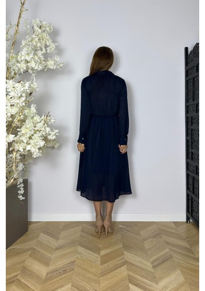 G1568 Düğme Detaylı Desenli Şifon Elbise Lacivert fiyatları