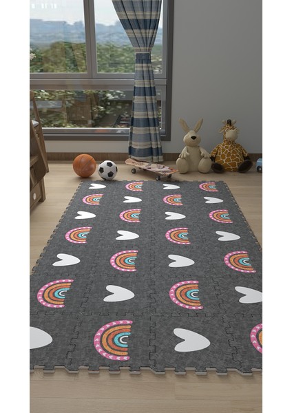 Dijital Baskılı Gökkuşağı-Kalp Desenli Çocuk Bebek Odası Yapboz Puzzle Japon Halı fiyatları