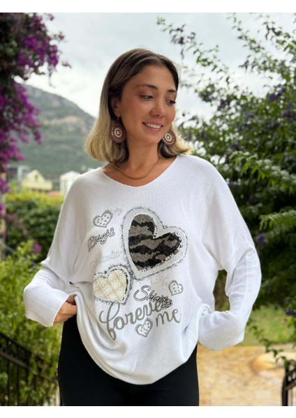 LS6211 Italyan Kalp Desenli Triko Bluz Beyaz