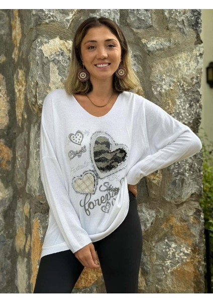 LS6211 Italyan Kalp Desenli Triko Bluz Beyaz indirimleri