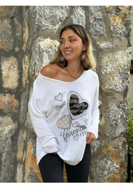 LS6211 Italyan Kalp Desenli Triko Bluz Beyaz