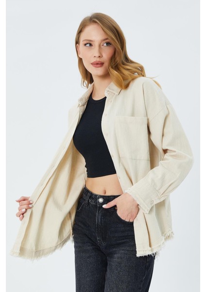 4569 Kadın Pis Dikişli Keten Gömlek Taş