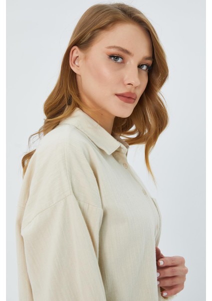 4569 Kadın Pis Dikişli Keten Gömlek Taş indirimleri