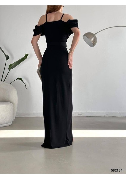Düşük Omuz Yırtmaçlı Kemerli Elbise 582134 Siyah modelleri