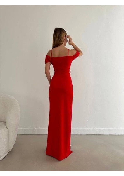 Düşük Omuz Yırtmaçlı Kemerli Elbise 582134 Kırmızı fırsatları