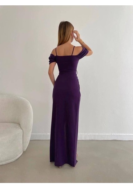 Düşük Omuz Yırtmaçlı Kemerli Elbise 582134 Mor fırsatları