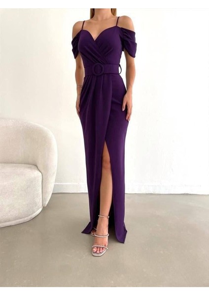 Düşük Omuz Yırtmaçlı Kemerli Elbise 582134 Mor indirimleri